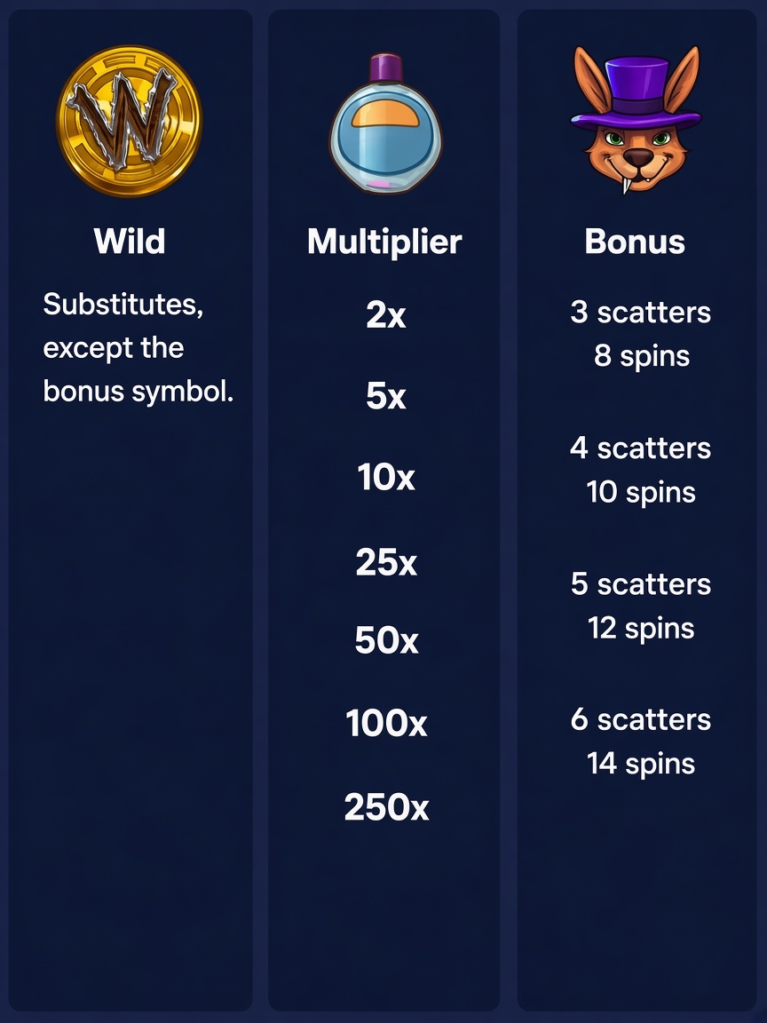 Wild, multiplier values from 2x to 250x, and the scatter ladder from 8 to 14 free spins